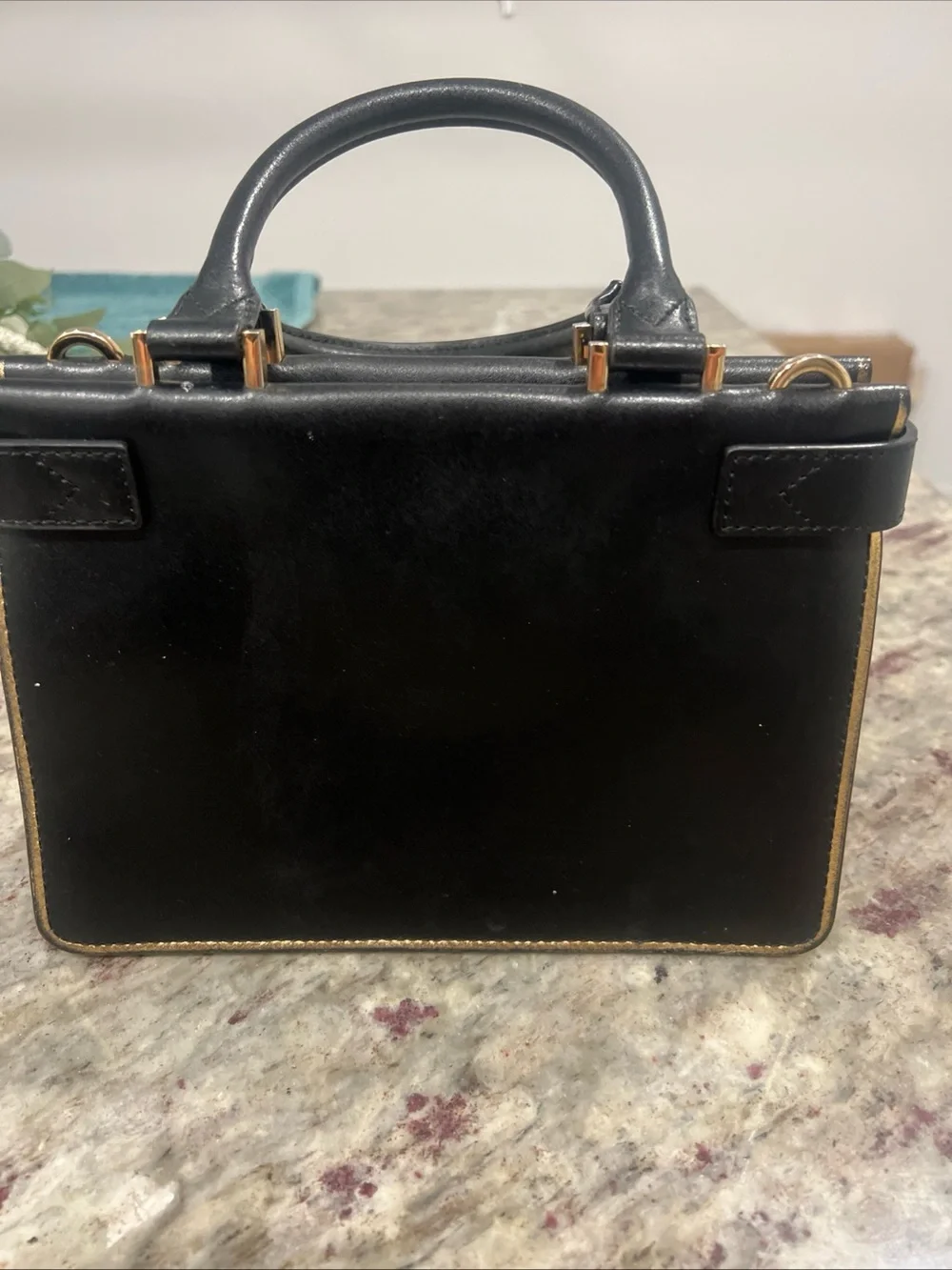 Michael Kors Black Leather Structured Satchel with Gold Hardware